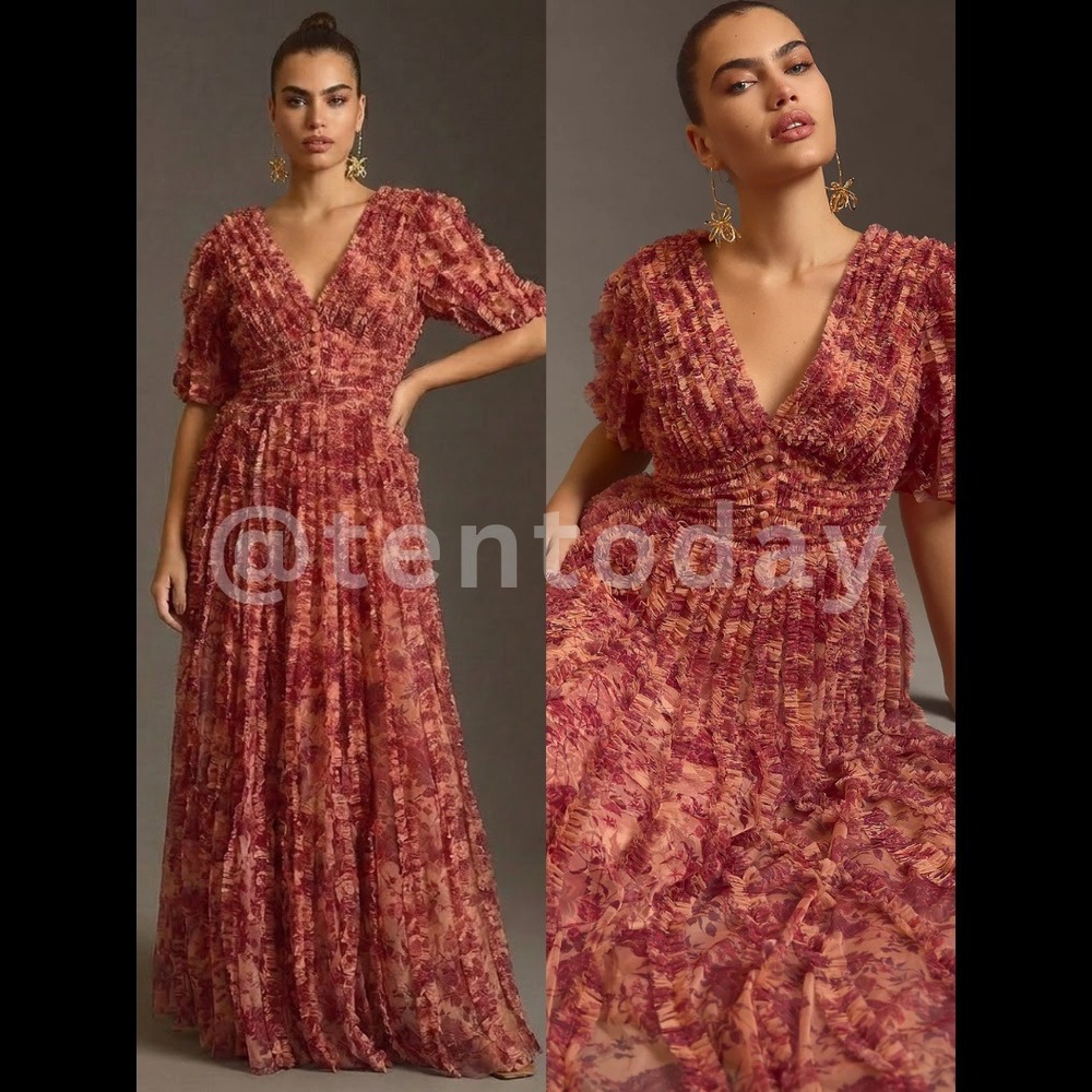 $798 NWT Anthropologie Mac Duggal Size 14 Red Floral Ruffle Long Maxi Dress Gown